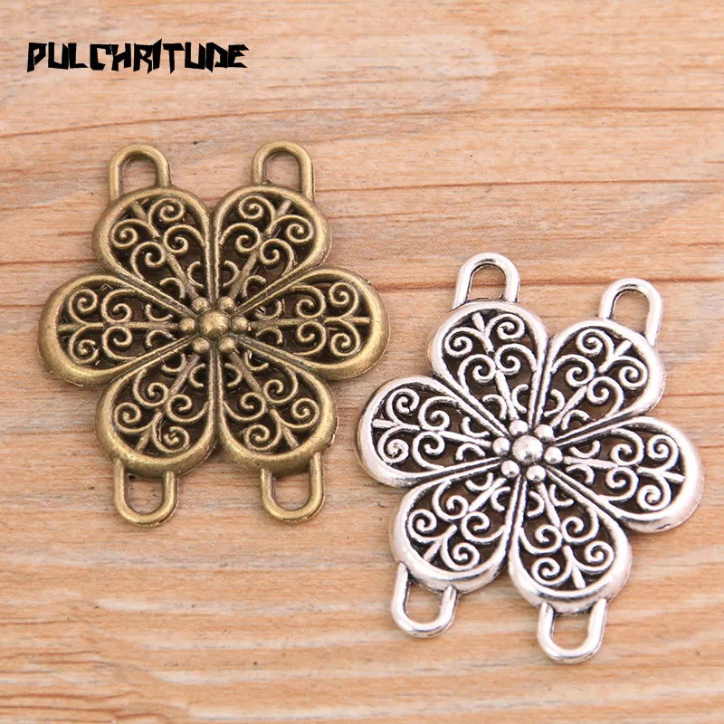 PULCHRITUDE 6pcs 32*38mm New Product Two Color Zinc Alloy Hollow Flower Porous Connectors Jewelry Making DIY Handmade Craft