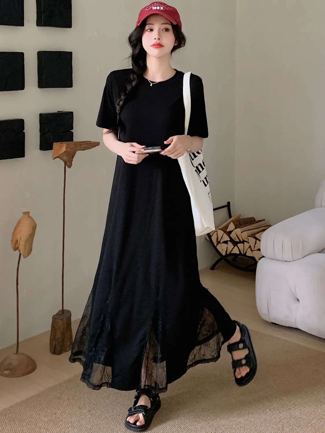 Coréen Sle ample minceur épissure couleur moi Fi queue longue Dr femmes Ele décontracté genou longueur t-shirt Dr