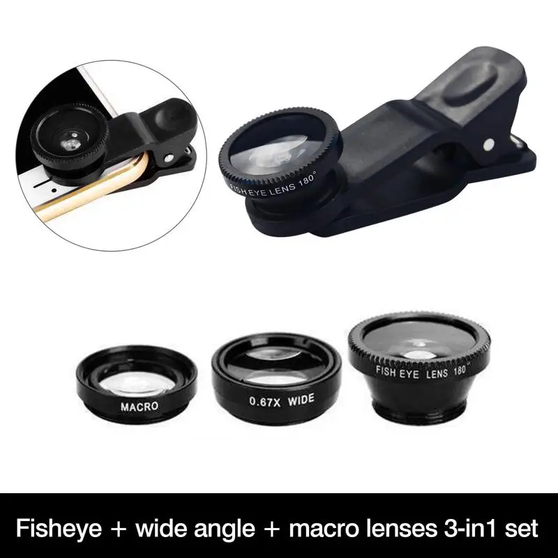 Phone Camera Lens 3in1 Fisheye Wide Angle MicroCamera Lens Universal Portable Camera Lens Cell Phone Lens Kit for Smartphone