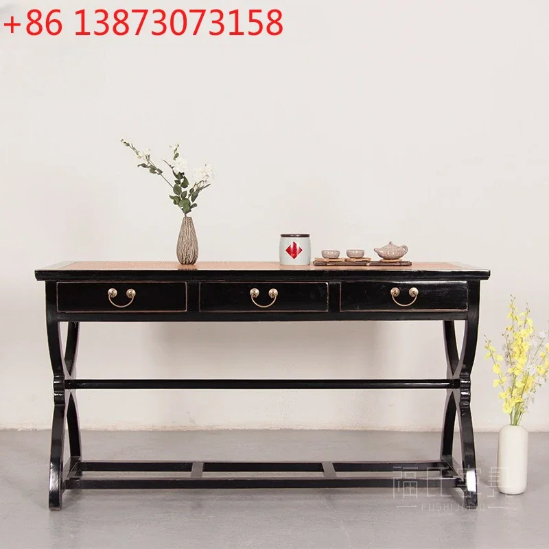 

Старинный китайский письменный стол из вяза, антикварный, с росписью, из массива дерева, в ретро-стиле, с выдвижным ящиком, на ножках-крестовинах.