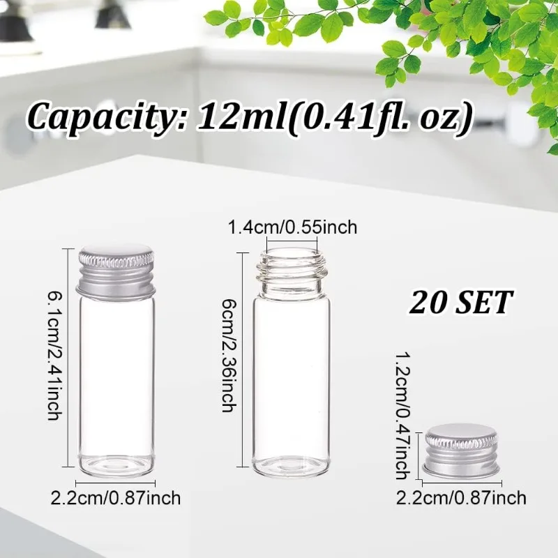 20 Pack 12ml/0.4oz Glass Bottles Sample Vials with Screw Aluminum Caps Mini Container Jars for Wishing Message Bottle Sample
