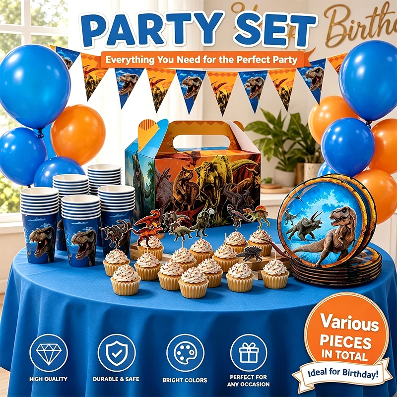Assiettes, gobelets et pailles à thème dinosaure pour décorations de fond, fournitures de fête d'anniversaire, arrangements de célébration et cadeaux