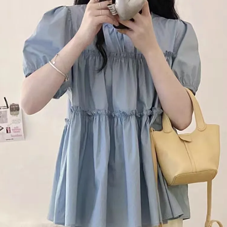 Bubble Sleeve Shirts Korean Solid Babydoll Shirt Summer Top Women 2025 Elegant Youth Solid Short Sleeve Casual Shirt Daily