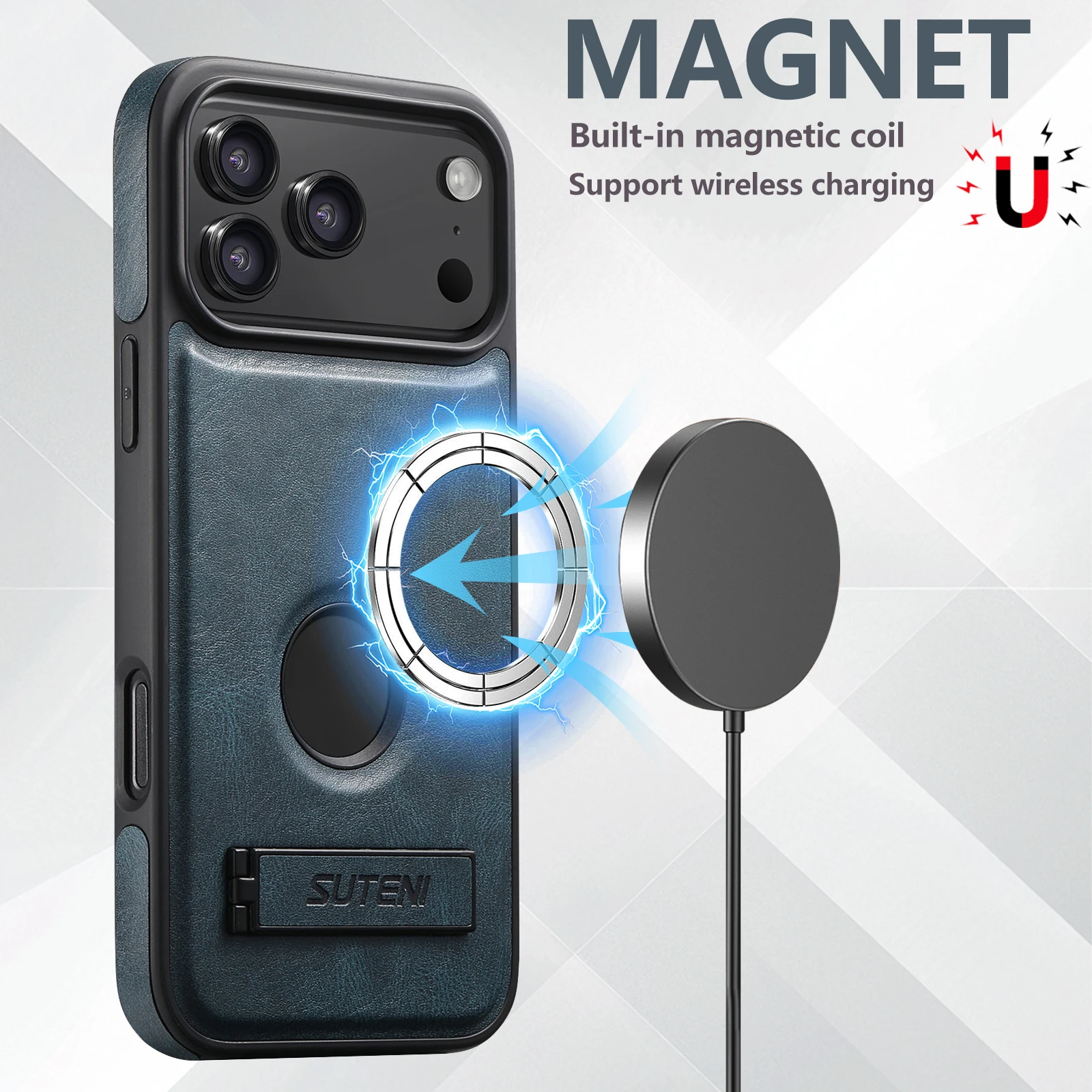 SUTENI Luxury Faux Leather Phone Case Stand Magnet Wireless Charging Smooth Surface For iPhone 17 Pro Max 16 Plus 15 14 13 12