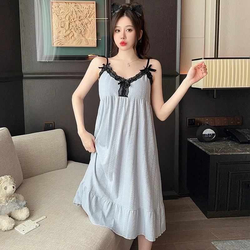 2024 Summer Sexy Lingerie Spaghetti Strap Cotton Nightgowns for Women Cute Lace Bow Sleepwear Night Dress Nightdress Home Nighty