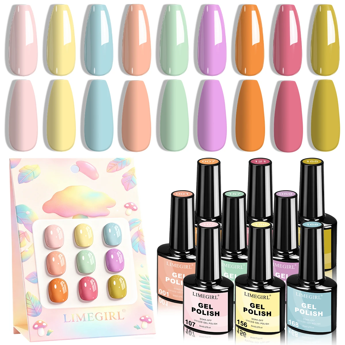 LIMEGIRL 9 Colors Nail Polish Gel Kit Macaron Color Gel UV LED Soak Semi-Permanent Gel Varn Nail Polish Nail Art Design Gel Set