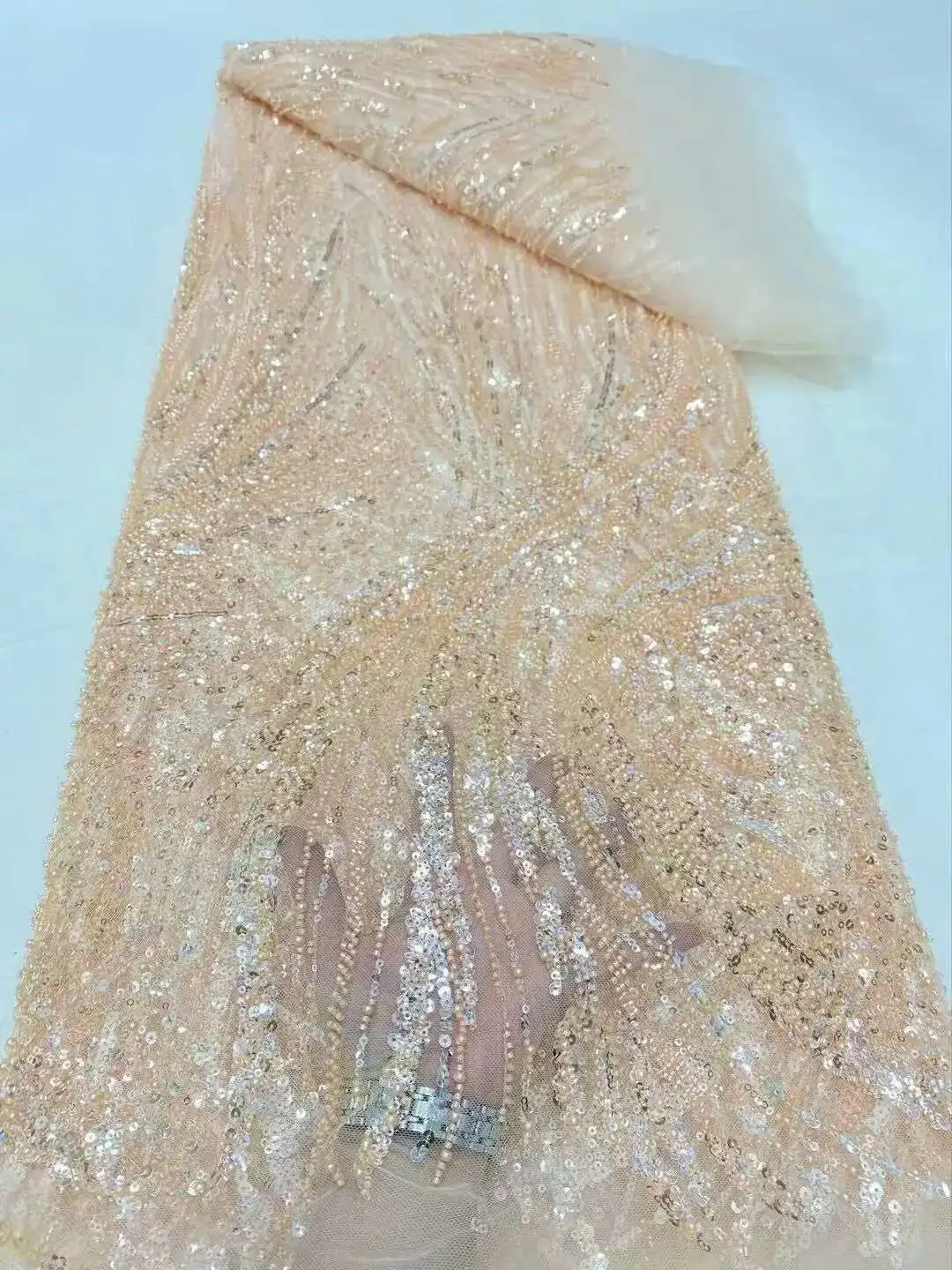 

2025 High Quality African Lace Fabric Sequins Mesh Lace France Luxury Beads 3D Embroidered Tulle Lace Fabric for Sewing