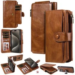 Luxury 2 in 1 Detachable Retro Leather Case for iPhone 16 Pro Max XR Xs Max 11 Pro 12 13 Mini 14 15 16 Plus Zipper Wallet Purse
