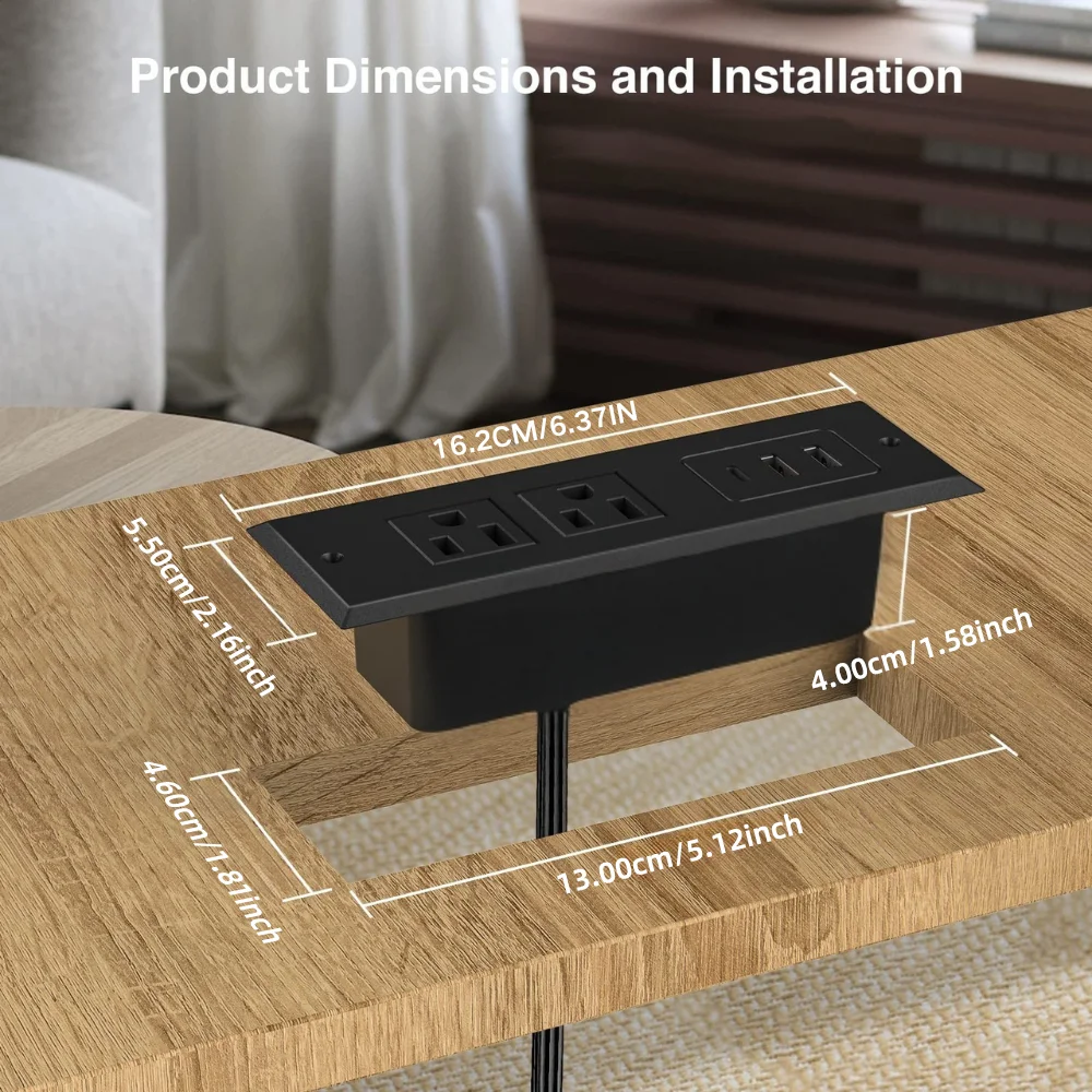 Recessed Embedded Power Strip 2 AC Outlets 2 USB-A & 1 Type-C Ports(5V 2.1A) 1.5M Extension Cord, Flush Mount Socket for Office Desk, Meeting Table, Cabinet, Hotel Reception, Studio Workbench