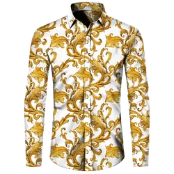 Fashionable gold flower chain 3D printed long sleeved shirt for men's casual luxury clothing, street wear, button up lapel shirt