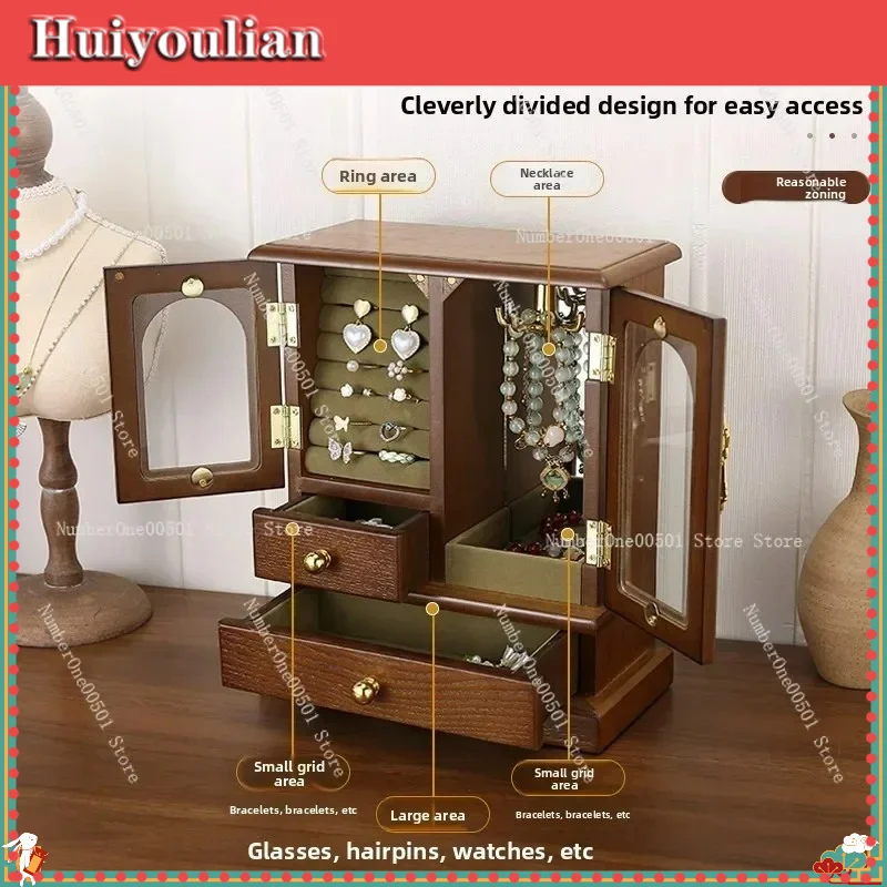 Vintage Wooden Jewelry Box Multi Compartment Organizer for Earrings Necklaces Rings Retro Style Storage Case
