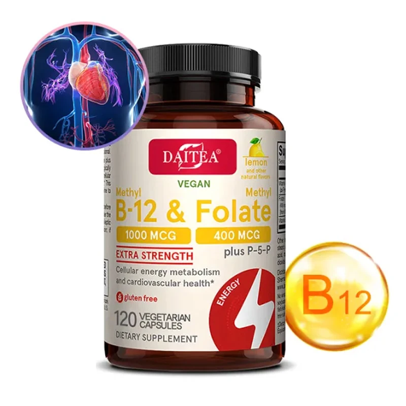 Vitamin B-12 & Folic Acid - Brain, Muscles, Energy Metabolism, Healthy Nervous System, Maximum Strength Daily B12 Supplement