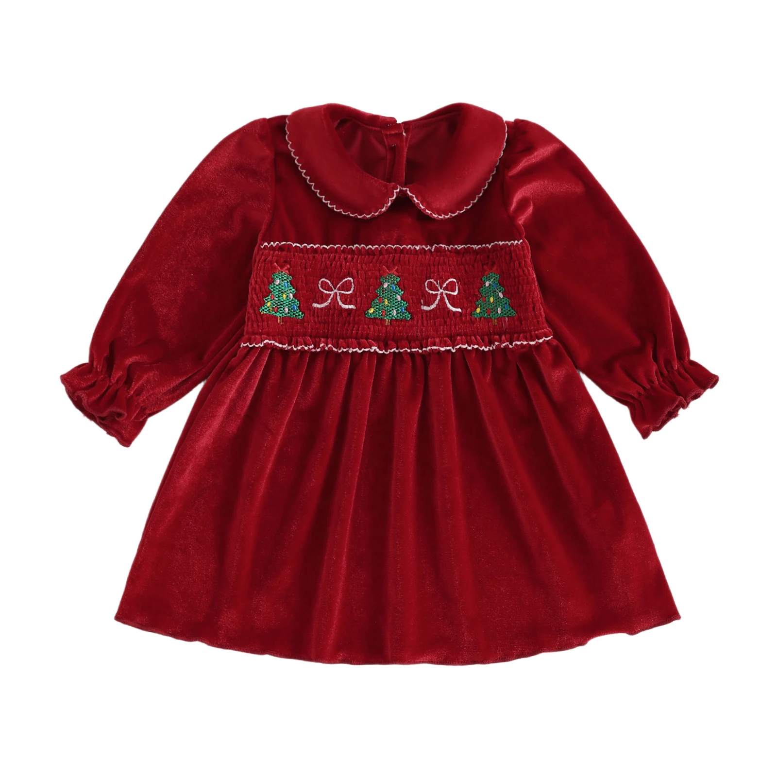 

Toddler Girl Christmas Velvet Dress Tree Embroidery Doll Collar Long Sleeves A Line Dress
