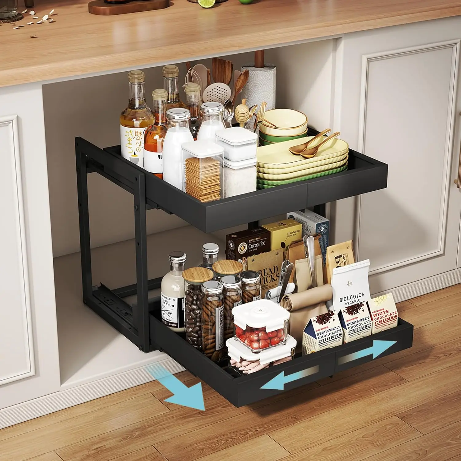 

2-Tier Expandable Pull Out Cabinet Organizer - Pull-Out Drawers for Kitchen Cabinets, 2 Slide Home Storage Organizers, Slide