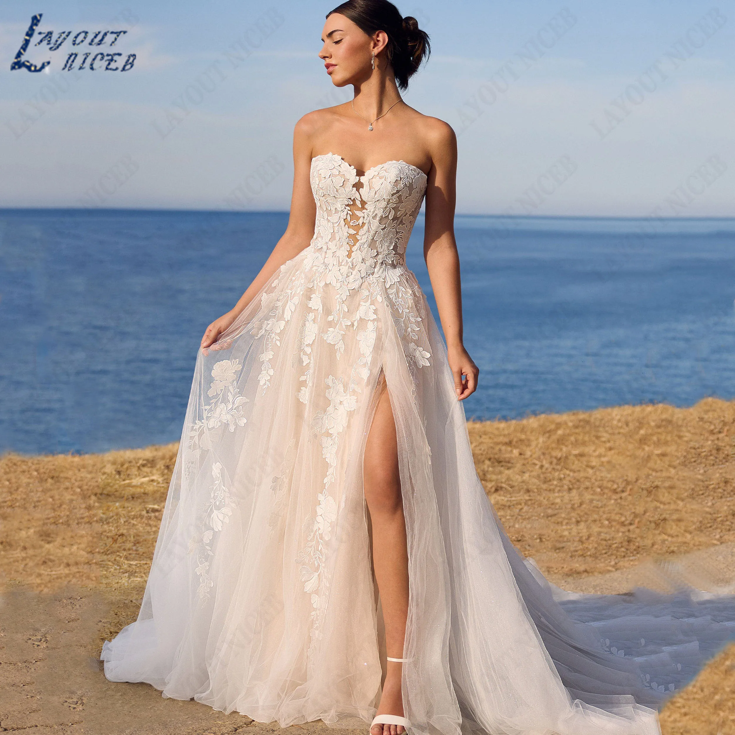 LAYOUT NICEB Customied A Line Tulle Lace Applique Wedding Dress Strapless Sweetheart Bridal Gown With Train Vestido De Novia