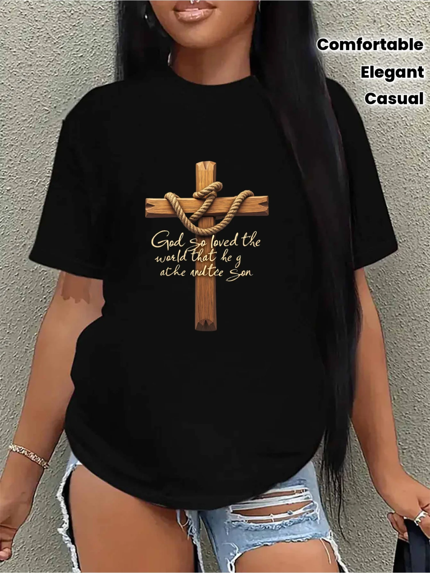 Christian God So Loved the World Verse Cross Black T Shirt Short Sleeve Casual Summer Top Comfort Fit for Church Attire Gift