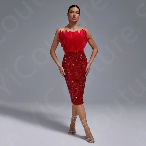 8 best sales röd fjädercocktailklänning - №4