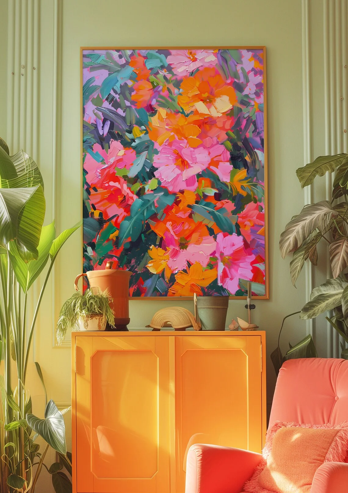 "Vibrant Floral Impasto Wall Print Decor - Bold Brushstroke Oil Painting of Pink & Orange Flowers, Modern Colorful Botanical Art image 3