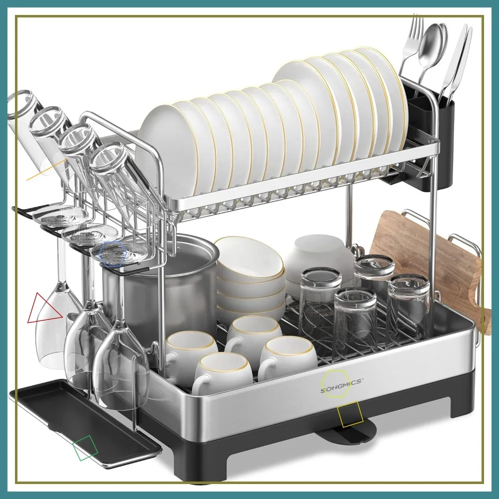 

Двухуровневая сушилка для посуды с вращающимся сливным сифоном, держателями для столовых приборов и чашек, для кухонной столешницы, черная