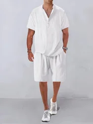 Conjunto de ropa de lino para hombre, y pantalones cortos de manga corta Camiseta Polo, traje informal de dos piezas, Color sólido, Verano