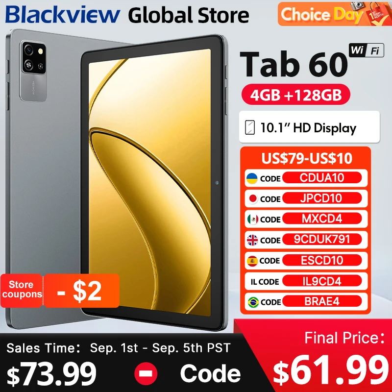 Blackview Tab 60 WIFI Tablet 10.1 Inch HD IPS Display Widevine L1 12GB(4+8Expand) 128GB PC Mode WIFI6 5100mAh Android 14 Pad PC