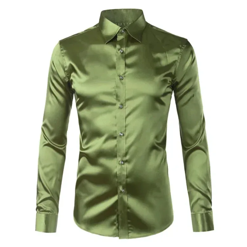 CySilk Shirt Men 2023 Satin Smooth Men Solid Tuxedo Shirt Business Chemise Homme Casual Slim Fit Shiny Gold Wedding Dress WFV1G1