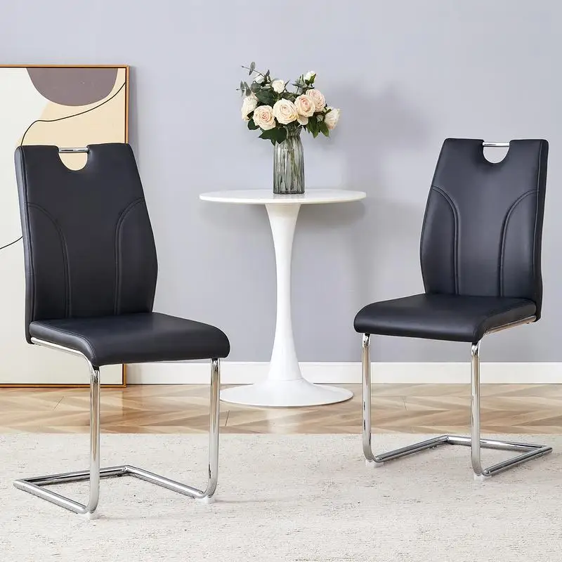 Set of 2 Black PU Dining Chairs, Unique Design with Silver Metal Legs, Ideal for Offices, Restaurants, Kitchens, and Conference