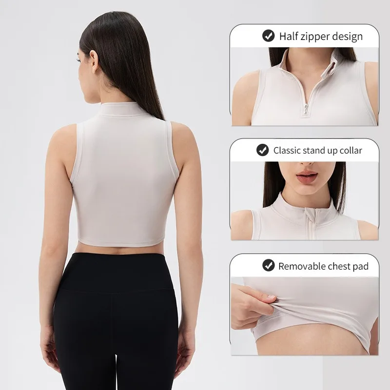 Women Front Zipper Sleeveless Yoga Tank Tops With Built-in Bra Stand Collar Slim Fit Shockproof Sports Tops For Running Workout