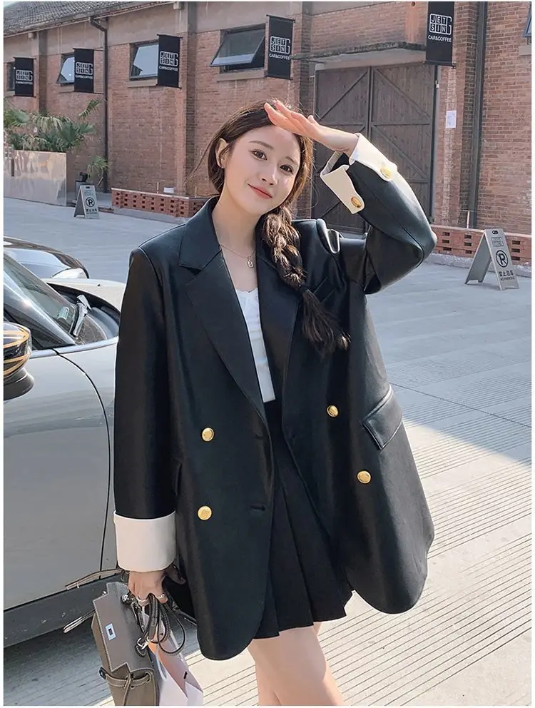 Chaqueta de cuero PU negra de alta gama para mujer, versión coreana de primavera y otoño 2025, diseño suelto e informal, traje bloqueado de Color T
