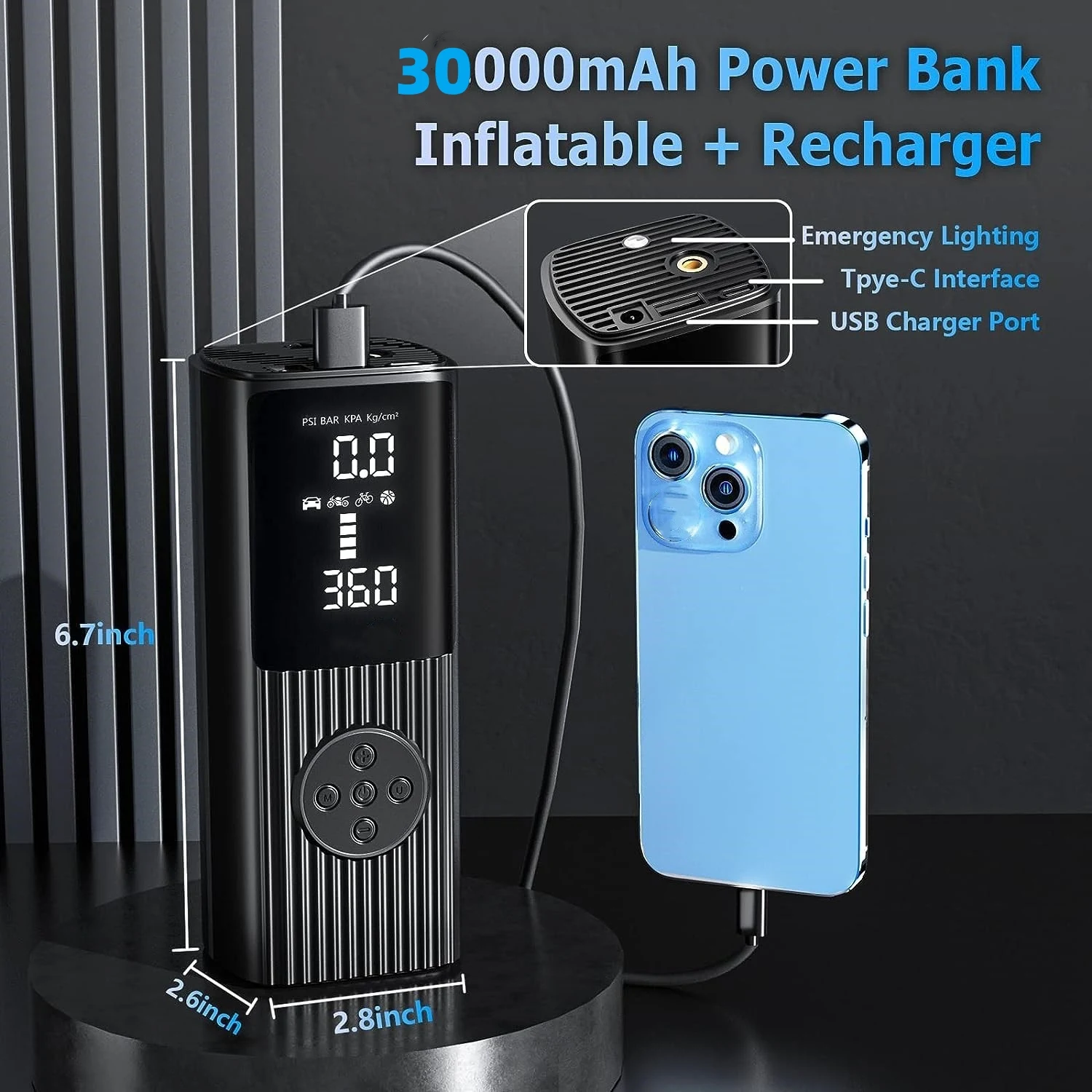 30000mAh Battery Car tire inflator,60L/min Bicycle air injector,portable digital compressor,motorcycle compressor,Electric infla