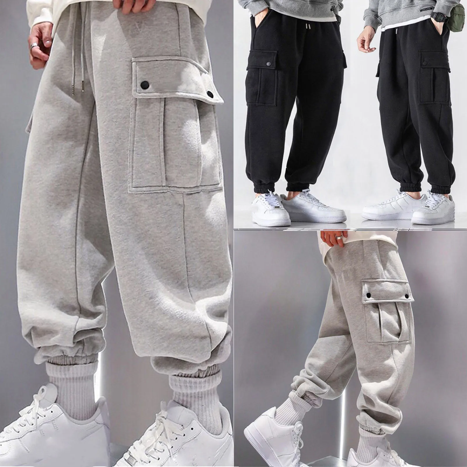 

Men's Solid Color Drawstring Elastic Waisted Casual Pants Male Bunched Feet Work Pants Plush Youth Trendy Warmer Long Trousers