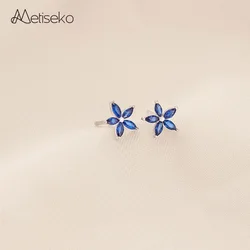 Metiseko Blue Cubic Zirconia Flower Earrings Real 925 Sterling Silver Stud Earrings Antiallergic Cute Exquisite for Women Party
