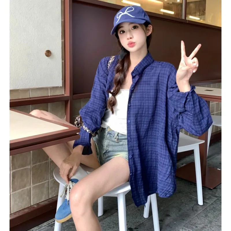 Fashion Spring Autumn Lazy Style Women Blue Plaid Polo Collar Shirt Long Sleeve Blouse Casual Checkered Shirts Streetwear Tops