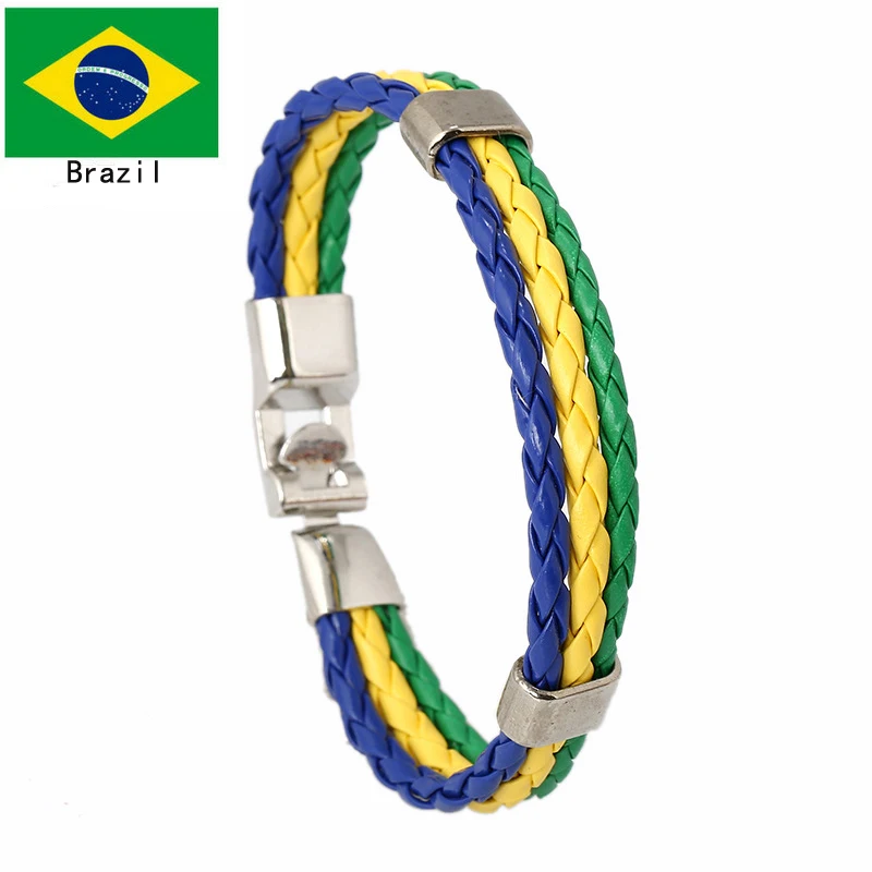 Stainless Steel Men  Spain Germany France Italy Argentina National Flag PU Leather Bracelets Handmade Jewelry