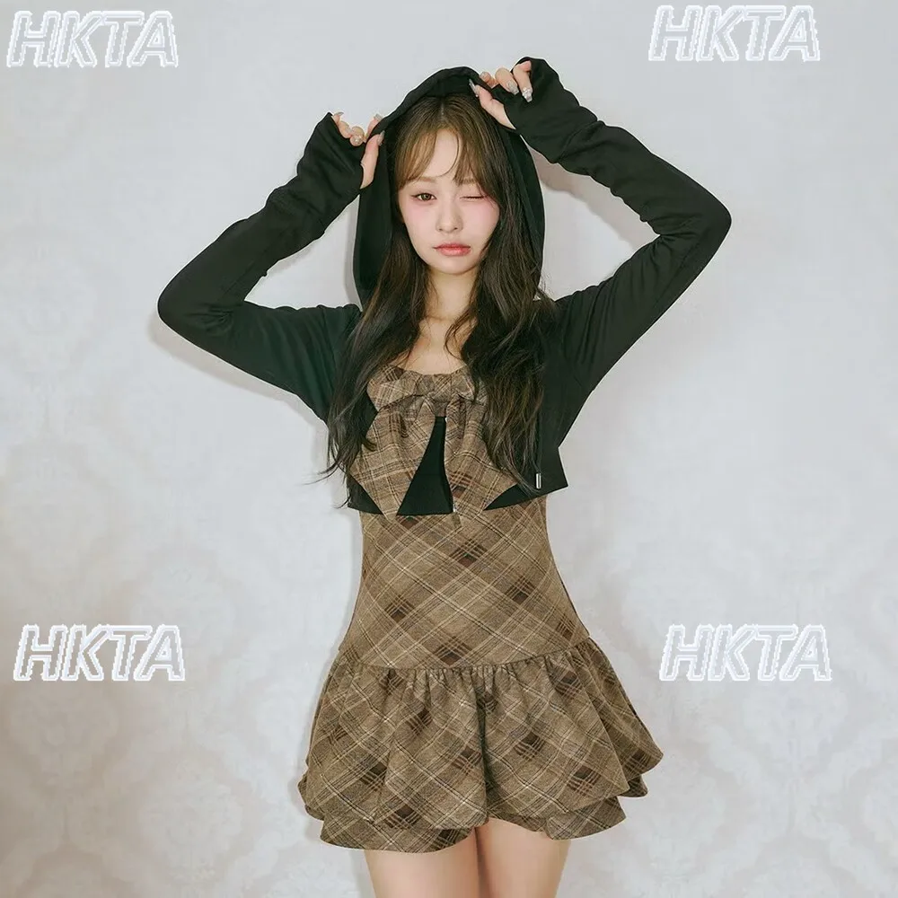 Japanese 2026 Spring Retro Ruffle Edge Three Dimensional Bow Slim Fit Hot Girl Suspender Dress Short Hooded Top Dress Suit Women