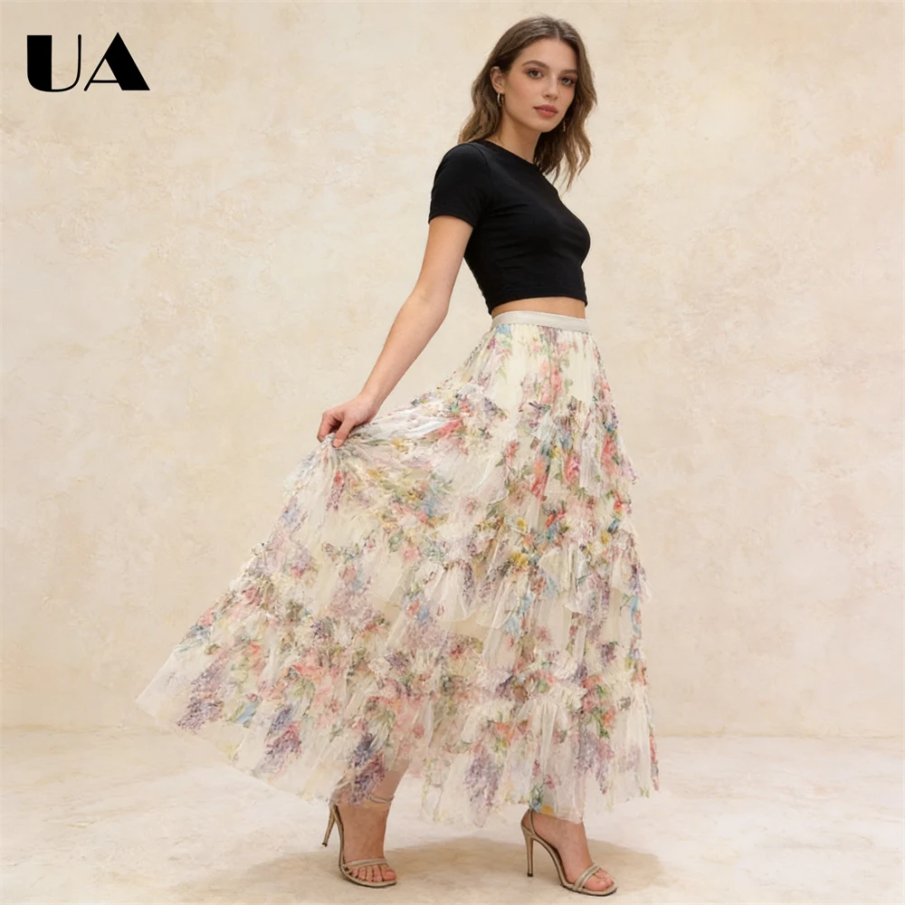 Gonna a rete stampata con giunture Gonne a sbuffo alla moda da donna, gonna floreale alla moda lunga a linea libera per un abbigliamento quotidiano casual