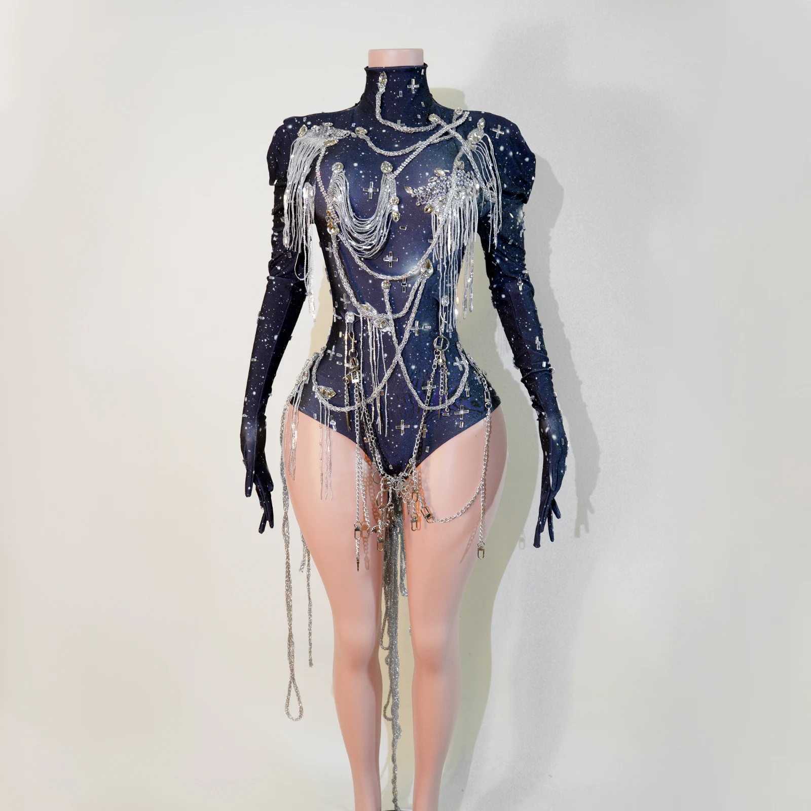 Sparkly Galaxy Star Print Bodysuit Silver Metal Chain Tassel Fringe Long Sleeve High Neck Integrated Gloves Women Nightclub Sing
