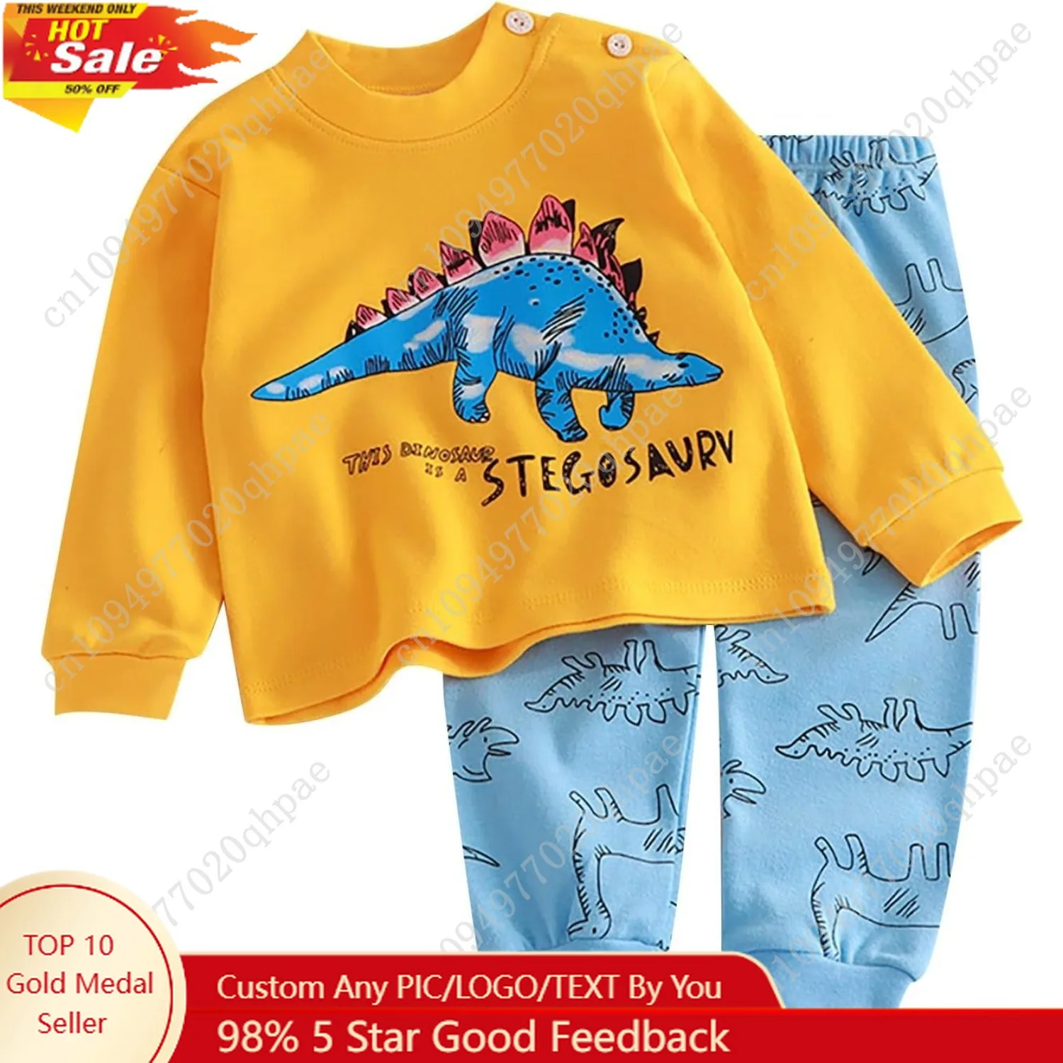 Set Piyama Anak Laki-laki Kecil Pakaian Tidur Katun Lengan Panjang Bayi Balita Pakaian Tidur Kartun Lucu Dinosaurus Pakaian Santai