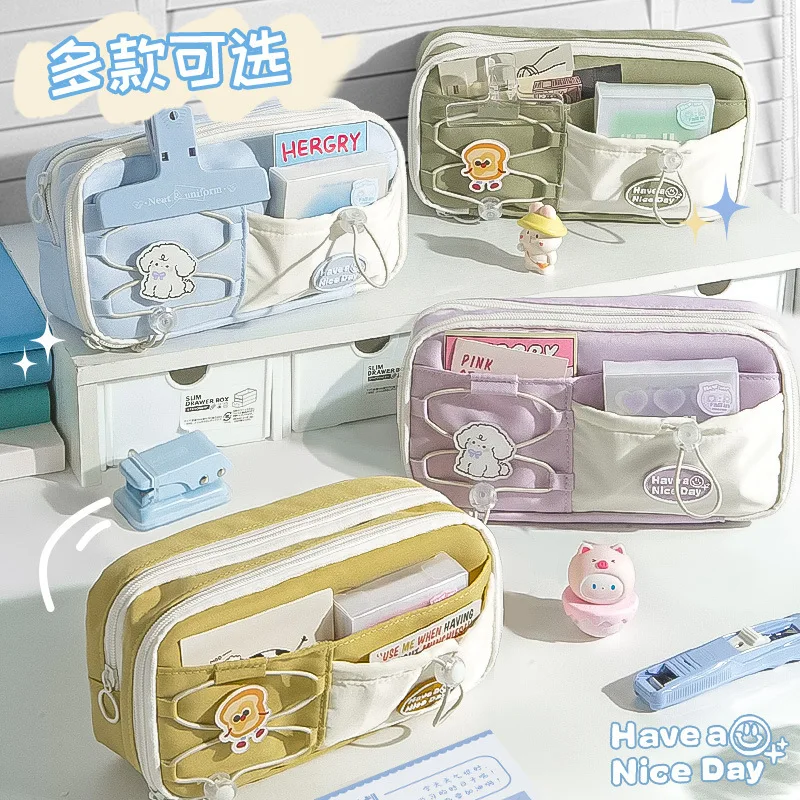 

Macaron Color Drawstring Stationery Bags Multi-layer Large Capacity Pencil Cases Back To School Supplies Cute Canvas Pen Bags