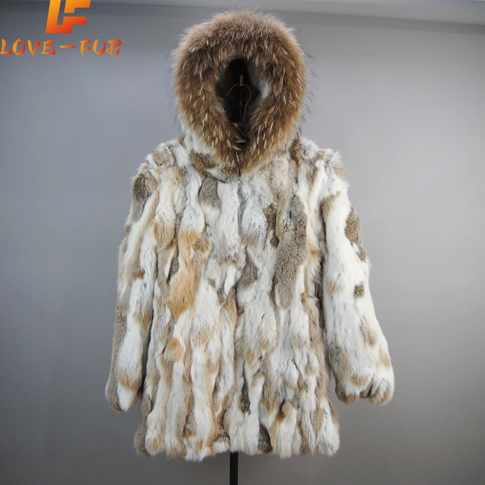 Real Genuine Rabbit Fur Women Coats Winter Warm 100% Natural Rabbit Fur Jackets Lady Warm With Raccoon Fur Hooded Overcoats