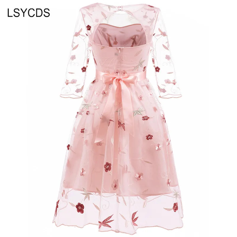 LSYCDS Elegant Mesh Dress Women Pink Pleated 3/4 Sleeve O-Neck Floral Embroidery Dress Casual Party Backless Vintage Dress