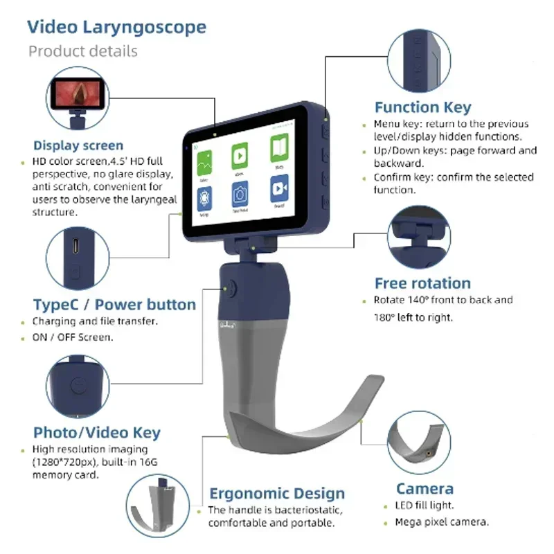 CR-31 3 4.5 Inch Touch Screen Reusable Video Laryngoscope for Intubation with Different Size Blades