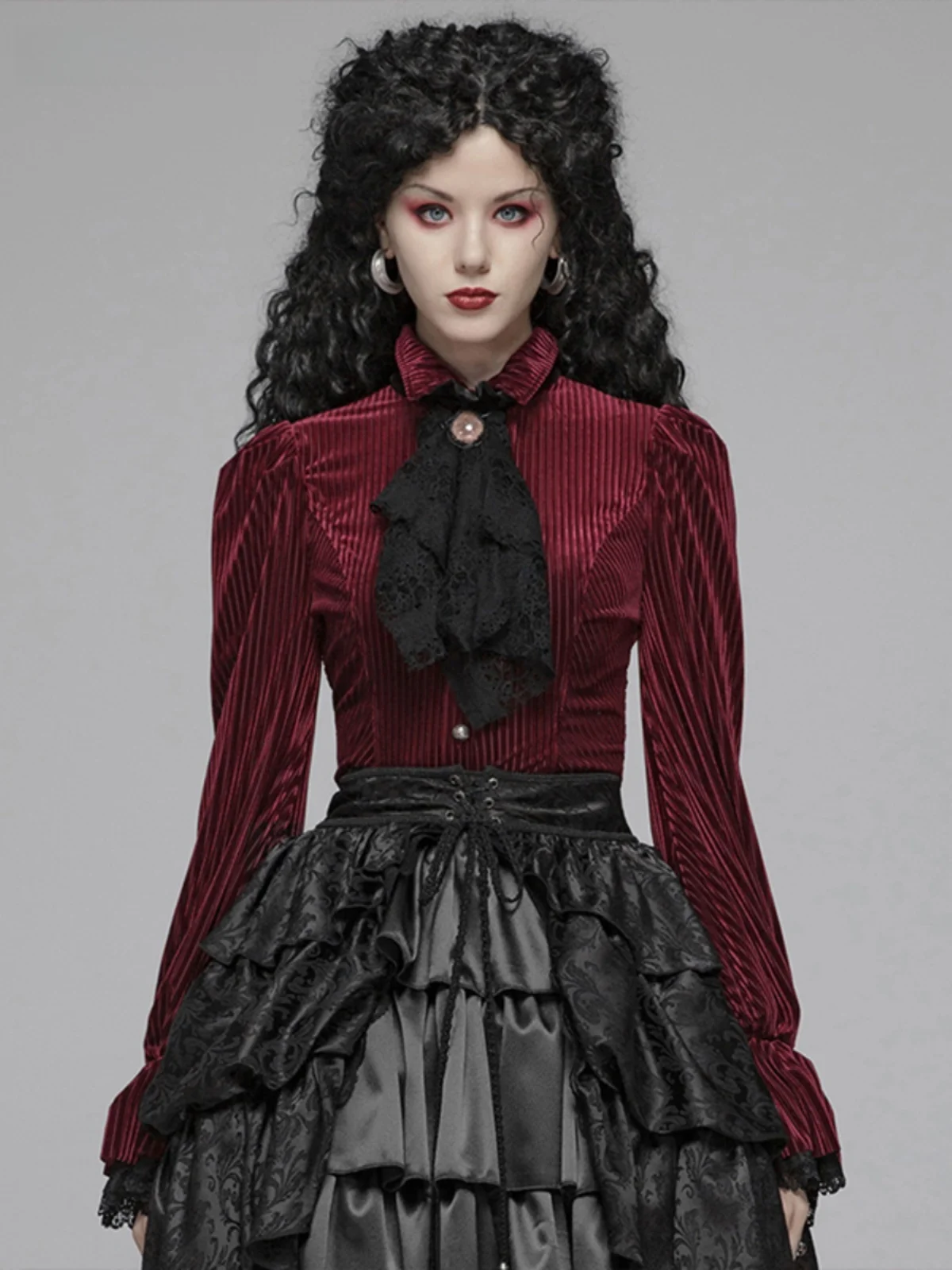 Gothic Gold Velvet Shirt Women's Belted Waist Top Dark Pattern Elegant Shirt Autumn Winter Inner Wear Outer Wear Women's Fashion