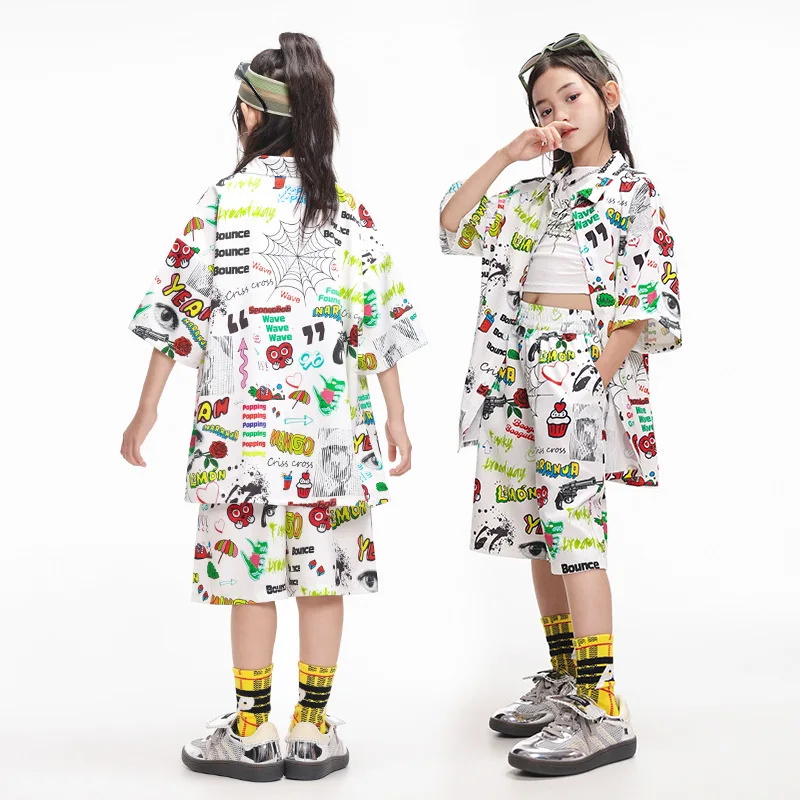 Kid Kpop Hip Hop Clothing White Graffiti Print Short Sleeve Shirt Top Shorts Set for Girl Boy Jazz Dance Costumes Wear Clothes