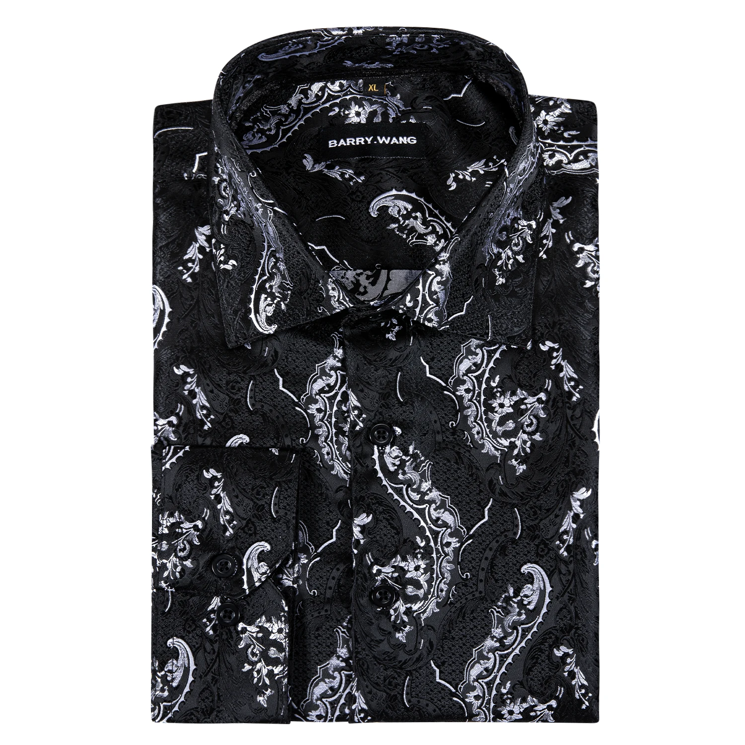 Classic Black Printed Embroidered Shirts for Men Silk Lapel Long Sleeve Exquisite Formal Fit Business Party Barry.Wang CY-0407