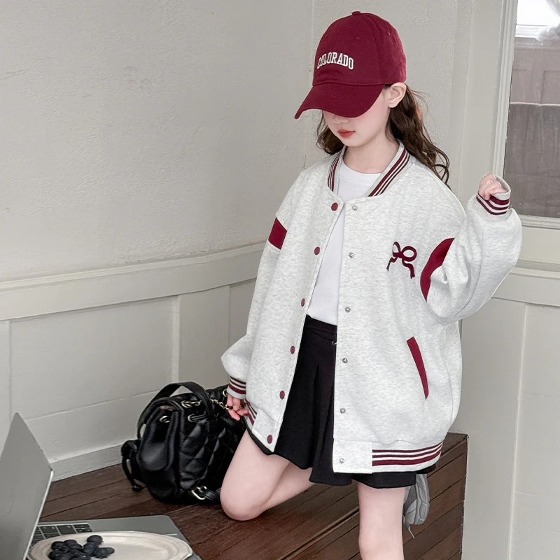 Ropa informal de primavera y otoño para niños, chaqueta de béisbol con lazos para niñas, camisa deportiva de béisbol, abrigo, prendas de vestir exteriores deportivas para niños, Tops