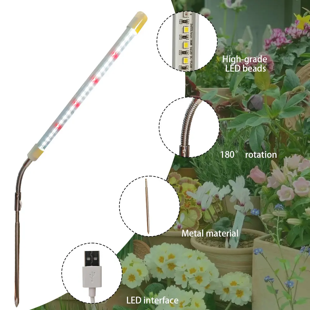 LED屋内植物成長ライト、明るさ高さ調整可能、3/9/12Hタイマー、観葉植物用USB電源デスクランプ