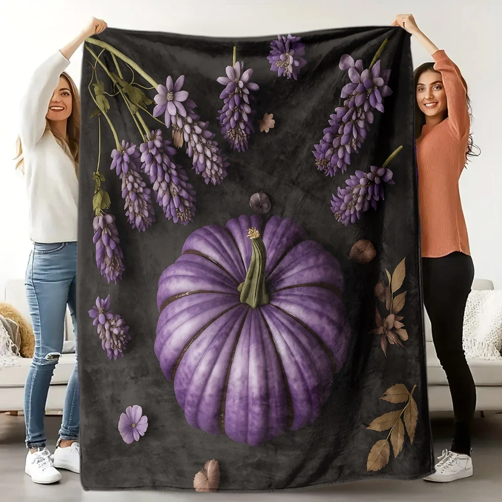 1pc Soft Quilted Bedspread Compatible for all bed sizes - Purple Pumpkin & Floral Print Flannel Blanket, All-Season Cozy Bed Cov