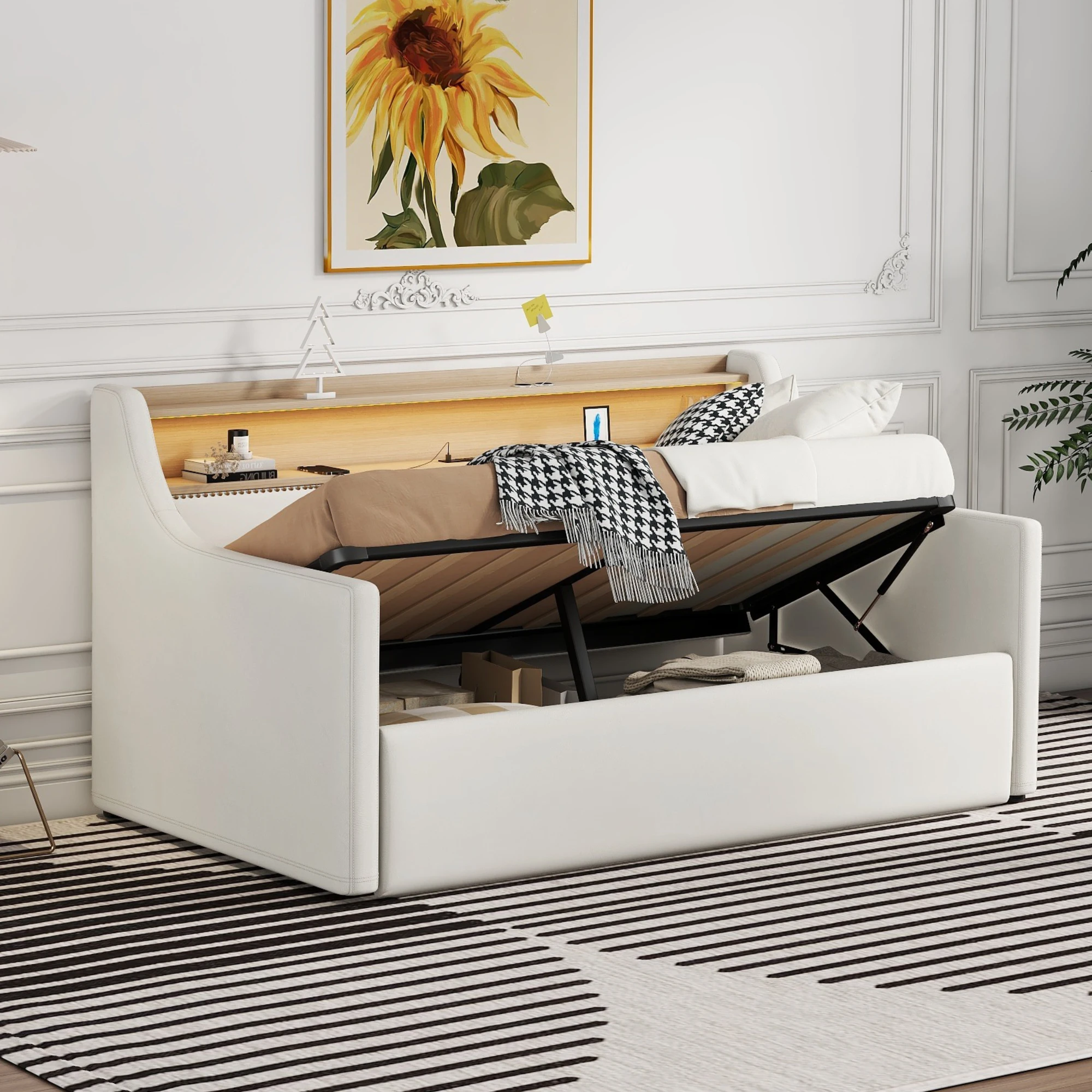 

Twin Size Daybed with Hydraulic Lift Storage, Upholstered with Charging Station and LED Lights, White 79.70x47.60x40.60 in.