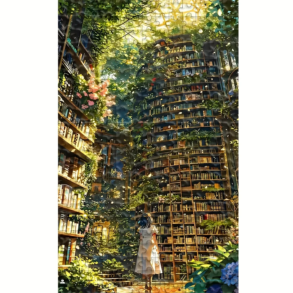 

500/1000pcs Adult Jigsaw Puzzle - Large-Scale Intricate Bookshelf Design with Lush Greenery & Sunlight, Challenging 5A Difficu